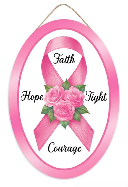 13"HX9"L PINK RIBBON W/ROSES OVAL SIGN - PINK/GREEN/WHITE/BLACK - AP7453