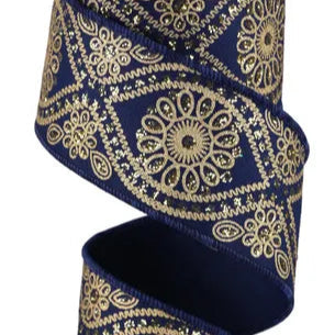 2.5"X10YD DELUXE WAVY FLORAL - NAVY BLUE/GOLD - RGE196219