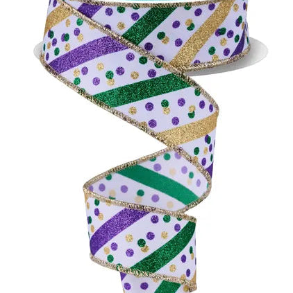 1.5"X10YD GLITTER STRIPE WITH CONFETTI DOTS - WHITE/MARDI GRAS - RGF1992C6