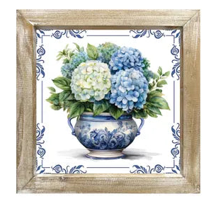 8"SQ CHINOISERIE POT WOOD SIGN - HYDRANGEA - AP041899-H