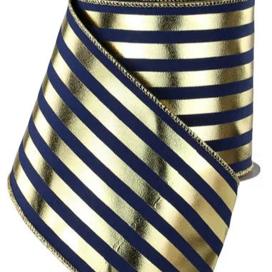 4"X10YD METALLIC VERTICAL STRIPES - NAVY BLUE/GOLD - RGE143077