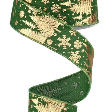 1.5"X10YD PINE TREES/SNOWFLAKES - EMERALD GREEN/GOLD - RGF123906