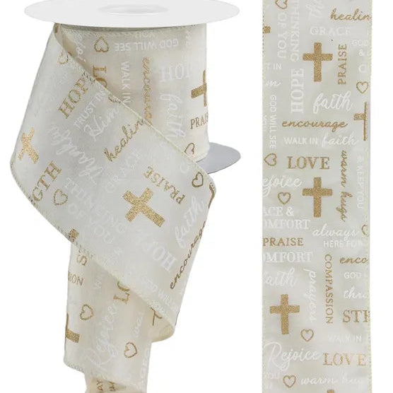 2.5"X10YD WORDS OF COMFORT ON SATIN - IVORY/WHITE/GOLD - RGE137330