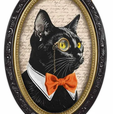 13"HX9"L MDF BLACK CAT PORTRAIT - BLACK/CREAM/ORANGE/LIGHT GOLD - AP7461