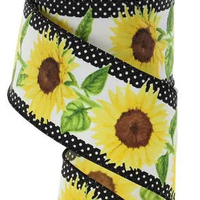 2.5"X10YD SUNFLOWERS W/POLKA DOTS - WHITE/YELLOW/BROWN/GREEN - RGE110527