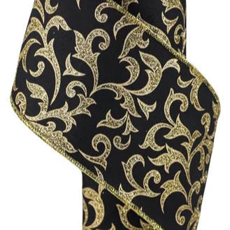 4"X10YD ACANTHUS LEAF - BLACK/GOLD - RGE184402