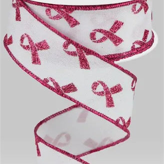 1.5"X10YD GLITTER BREAST CANCER - WHITE/HOT PINK - RGC109227