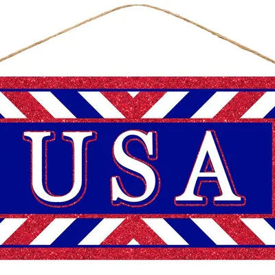12.5"L X 6"H USA SIGN W/ GLITTER - RED/WHITE/BLUE - AP8807