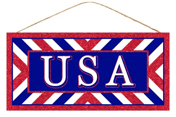 12.5"L X 6"H USA SIGN W/ GLITTER - RED/WHITE/BLUE - AP8807
