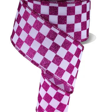 2.5"X10YD PRINT GLITTER CHECK - WHITE/HOT PINKY PURPLE - RGH106027