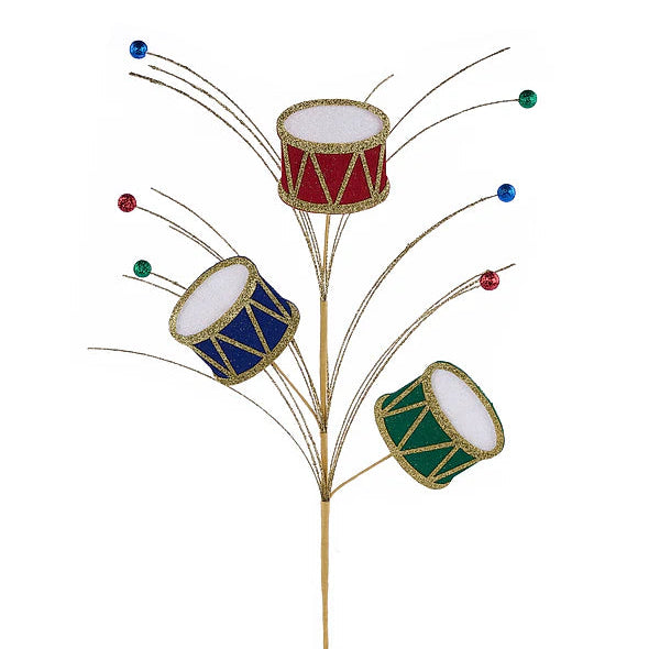 23"L GLITTER/FELT CHRISTMAS DRUMS SPRAY - RED/GREEN/BLUE - XP019651