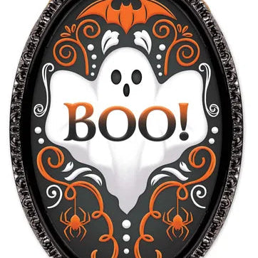 13"HX9"L GHOST DAMASK OVAL SIGN - BLACK/WHITE/ORANGE - AP740973