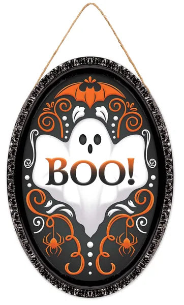 13"HX9"L GHOST DAMASK OVAL SIGN - BLACK/WHITE/ORANGE - AP740973