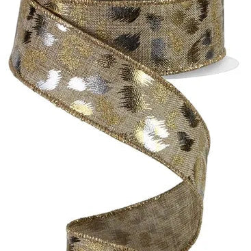 1.5"X10YD METALLIC/GLITTER LEOPARD - LIGHT BEIGE/GOLD/SILVER - RGE118801