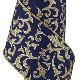 4"X10YD ACANTHUS LEAF - NAVY BLUE/GOLD - RGE184419