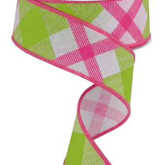 1.5"X10YD PRINTED PLAID ON ROYAL - WHITE/LIME GREEN/HOT PINK - RG0168227