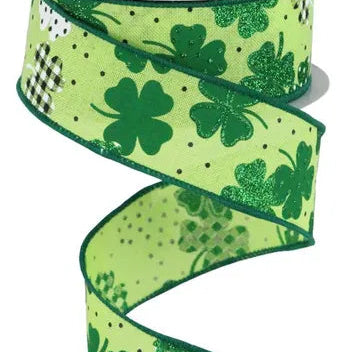 1.5"X10YD PATTERNED SHAMROCKS - BRIGHT GREEN/EMERALD/WHITE/BLACK - RGC187609