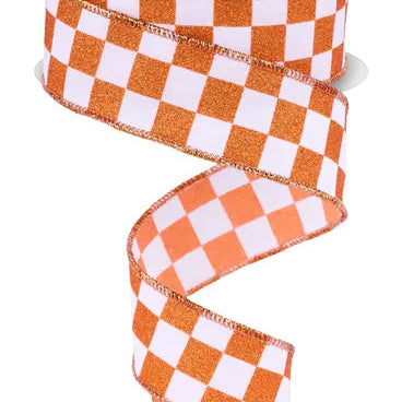 1.5"X10YD PRINT GLITTER CHECK - ORANGE/WHITE - RGH10595W