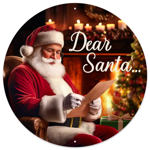 12"DIA METAL DEAR SANTA... SIGN - RED/WHITE/BROWN/TAN/BLACK - MD1691