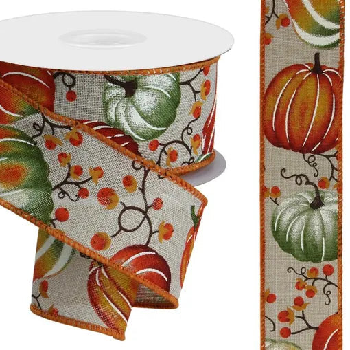 1.5"X10YD PUMPKINS W/BITTERSWEET/ROYAL - LIGHT NATURAL/RUST/ORANGE/SAGE GREEN - RGE1268NF