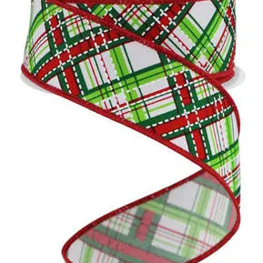 1.5"X10YD DIAGONAL DASH PLAID - WHITE/LIME/EMERALD/RED - RGE184933