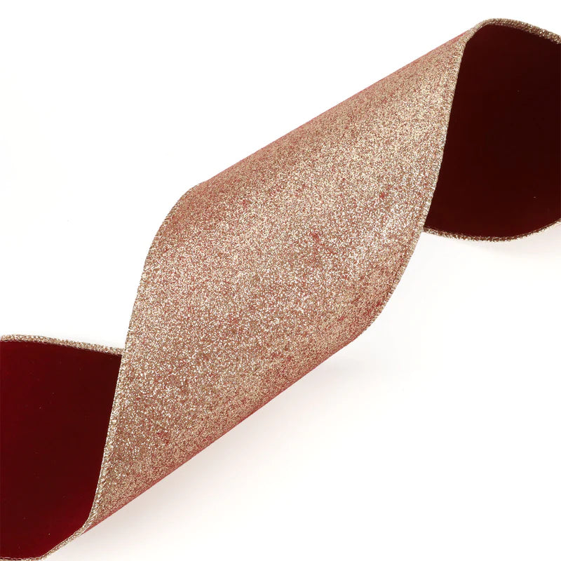 4"X10YD REVERSIBLE VELVET/GLITTER WIRED RIBBON - SCARLET/PALE GOLD - LA RIBBON - 7202W-260-100E