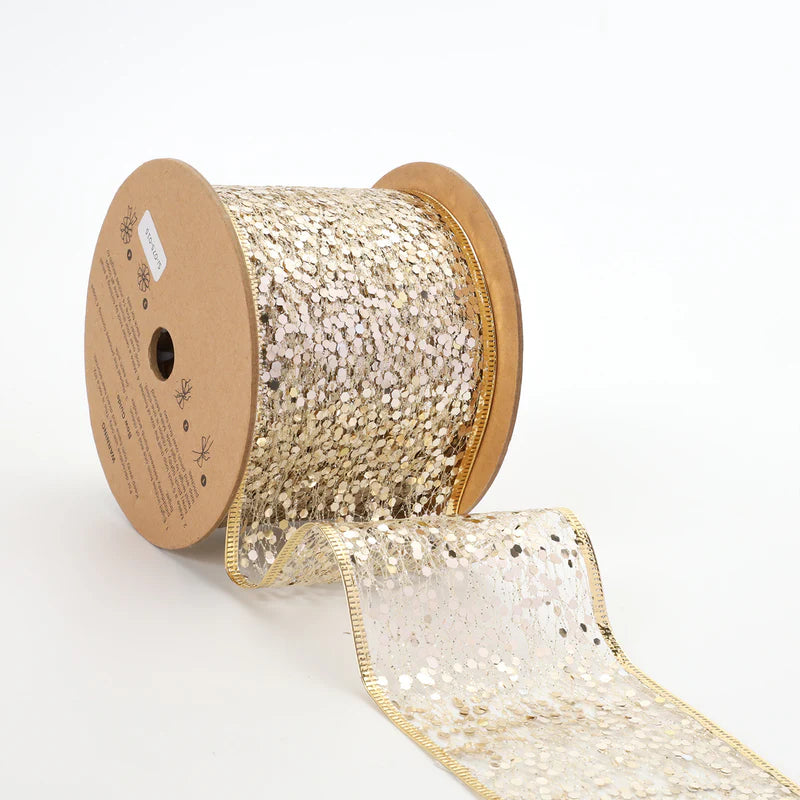 3"X10YD SEQUIN WIRED RIBBON - WHITE GOLD - LA RIBBON - WR+10251-075-10