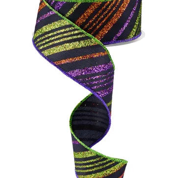 1.5"X10YD DIAGONAL GLITTER STRIPE - BLACK/PURPLE/ORANGE/LIME - RGF1430CY