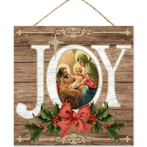 10"SQ JOY WITH THE HOLY FAMILY SIGN - BROWN/WHITE/RED/EMERALD - AP7821