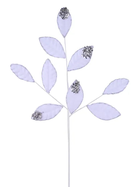 27"L VELVET/GLITTER MAGNOLIA LEAF SPRAY X9 - WHITE/SILVER - XS255230