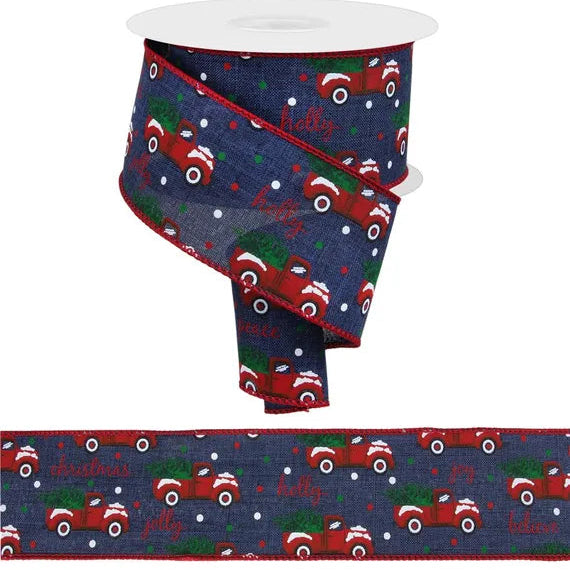 2.5"X10YD CHRISTMAS TRUCKS ON ROYAL - NAVY/WHITE/RED/GREEN - RGB100319
