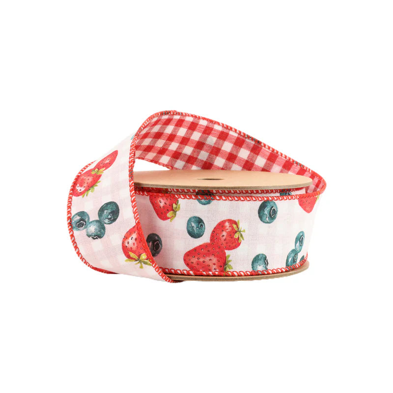 1.5"X10YD WIRED RIBBON - STRAWBERRY/BLUEBERRIES ON WHITE W/CHECKED BACK - 4401W-250-38E