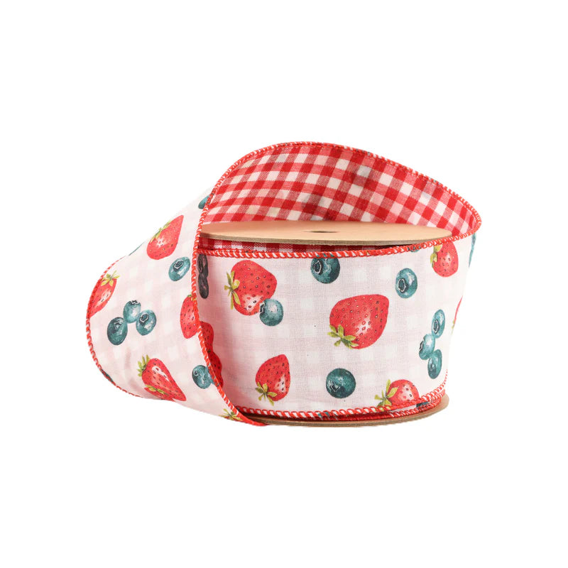 2.5"X10YD WIRED RIBBON - STRAWBERRY/BLUEBERRIES ON WHITE W/ CHECKED BACK - 4401W-250-63E