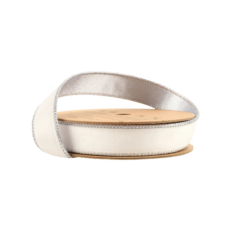 1"X10YD REVERSIBLE CLASSIC VELVET WIRED RIBBON - WHITE/SILVER - 7115W-029-25E