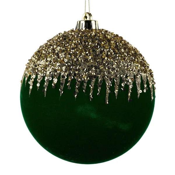 150MM FLOCKED/SEQUIN 2D FLAT BALL ORNAMENT - EMERALD GREEN/GOLD - XJ7696FC