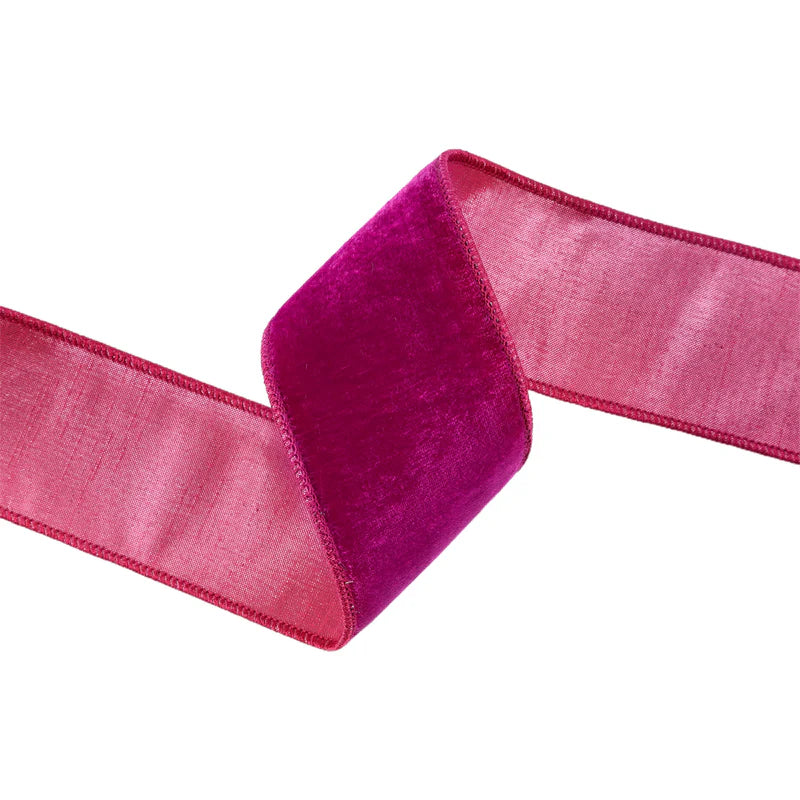 2 1/2"X5YD WIRED PREMIUM VELVET RIBBON - HOT PINK WITH PINK DUPIONI BACKING - LARIBBON - 7049W-185-63C