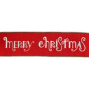 4"X5YD WIRED RIBBON - MERRY CHRISTMAS EMBROIDERED ON RED CANVAS W TISSUE BACKING - LA RIBBON - 6502W-250-100C
