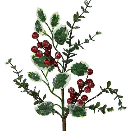 13"L HOLLY/BERRIES/SNOW PICK - GREEN/RED/BROWN - XX8537