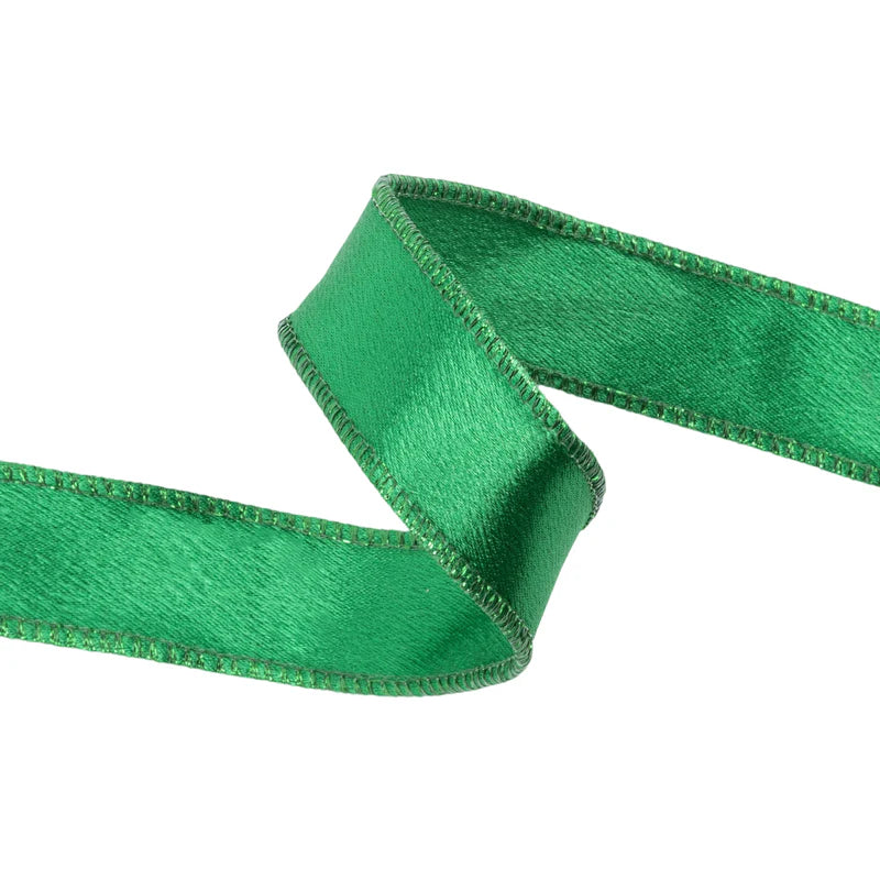 1"X10YD WIRED SHIMMER SATIN RIBBON - GREEN WITH GREEN BACKING - LARIBBON - 2300W-580-25E
