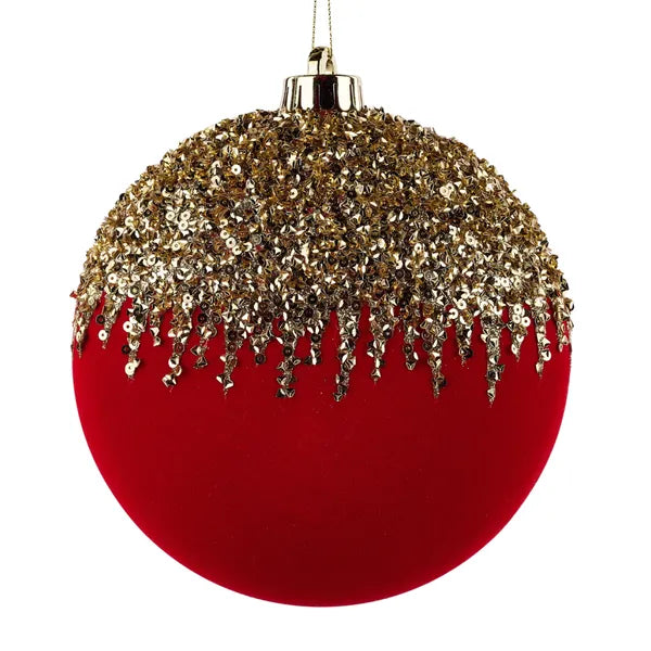 150MM FLOCKED/SEQUIN 2D FLAT BALL ORNAMENT - RED/GOLD - XJ7696T4