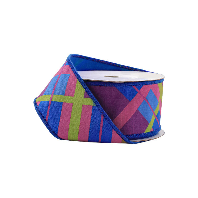 2.5"X10YD WIRED DUPIONI RIBBON - BIAS PLAID BLUE/MULTI W/ TAFFETA FUSED BACK - 9003W-352-63E
