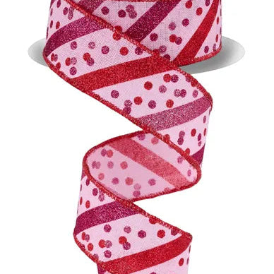 1.5"X10YD GLITTER STRIPE W/ CONFETTI DOTS - RED/PINK/HOT PINK - RGH100015