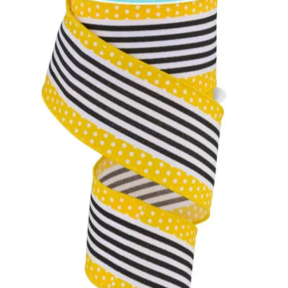 2.5"X10YD VERTICAL STRIPE/POLKA DOT EDGE - WHITE/BLACK/YELLOW - RGF1301CJ