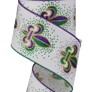 2.5"X10YD FLEUR DE LIS - WHITE/MARDI GRAS - RGE170127