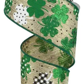 2.5"X10YD PATTERNED SHAMROCKS - GOLD/GREEN/EMERALD/WHITE/BLACK - RGC1880