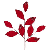 27"L VELVET/GLITTER MAGNOLIA LEAF SPRAY X9 - RED - XS255224