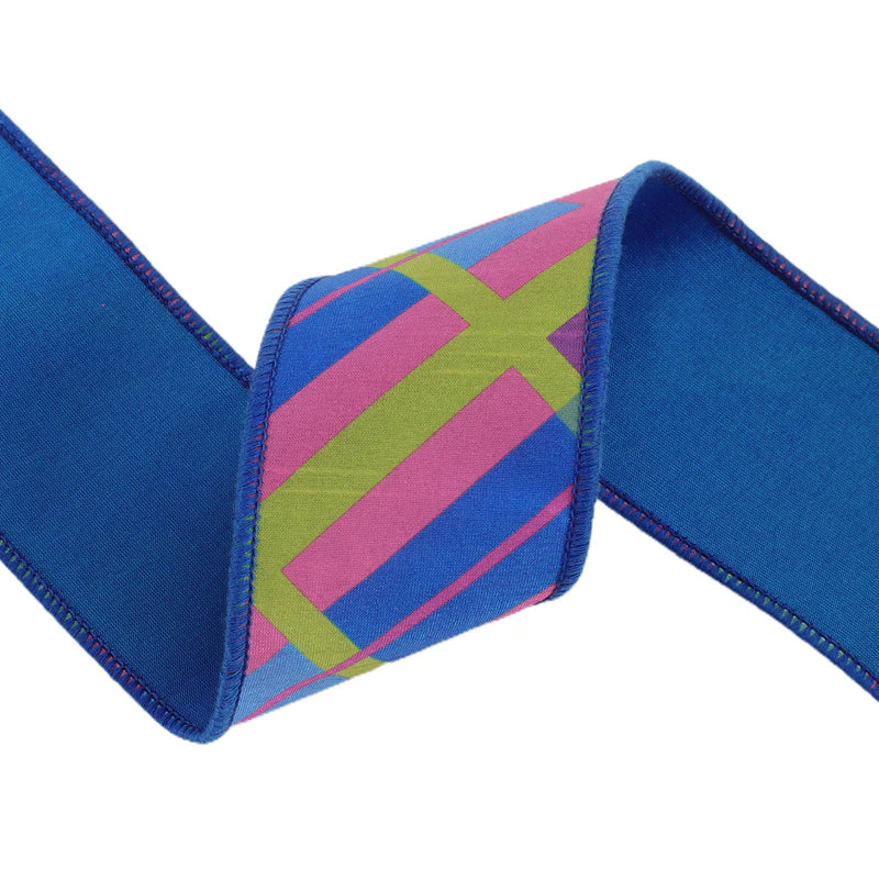 2.5"X10YD WIRED DUPIONI RIBBON - BIAS PLAID BLUE/MULTI W/ TAFFETA FUSED BACK - 9003W-352-63E