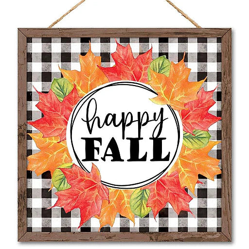10"SQ HAPPY FALL W/ LEAF WREATH SIGN - BLACK/WHITE/RED/ORANGE/MOSS - AP7213