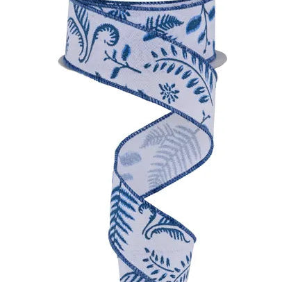 1.5"X10YD EMBROIDERED GREENERY - WHITE/LIGHT BLUE/DARK BLUE - RGE1773WR