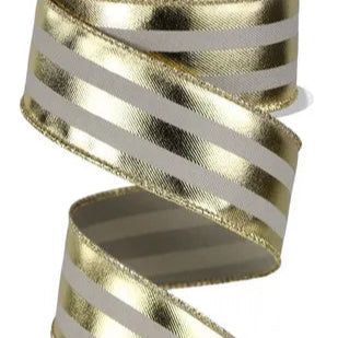 1.5"X10YD METALLIC VERTICAL STRIPES - TAUPE/GOLD - RGE142839